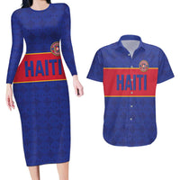 Custom Haiti Football Couples Matching Long Sleeve Bodycon Dress and Hawaiian Shirt Le Rouge et Bleu Sporty Style