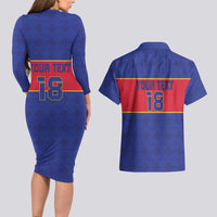 Custom Haiti Football Couples Matching Long Sleeve Bodycon Dress and Hawaiian Shirt Le Rouge et Bleu Sporty Style