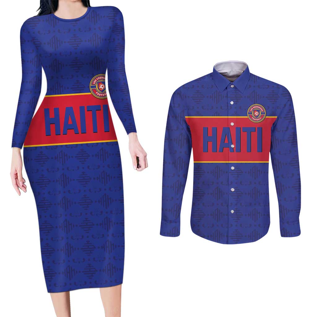 Custom Haiti Football Couples Matching Long Sleeve Bodycon Dress and Long Sleeve Button Shirt Le Rouge et Bleu Sporty Style