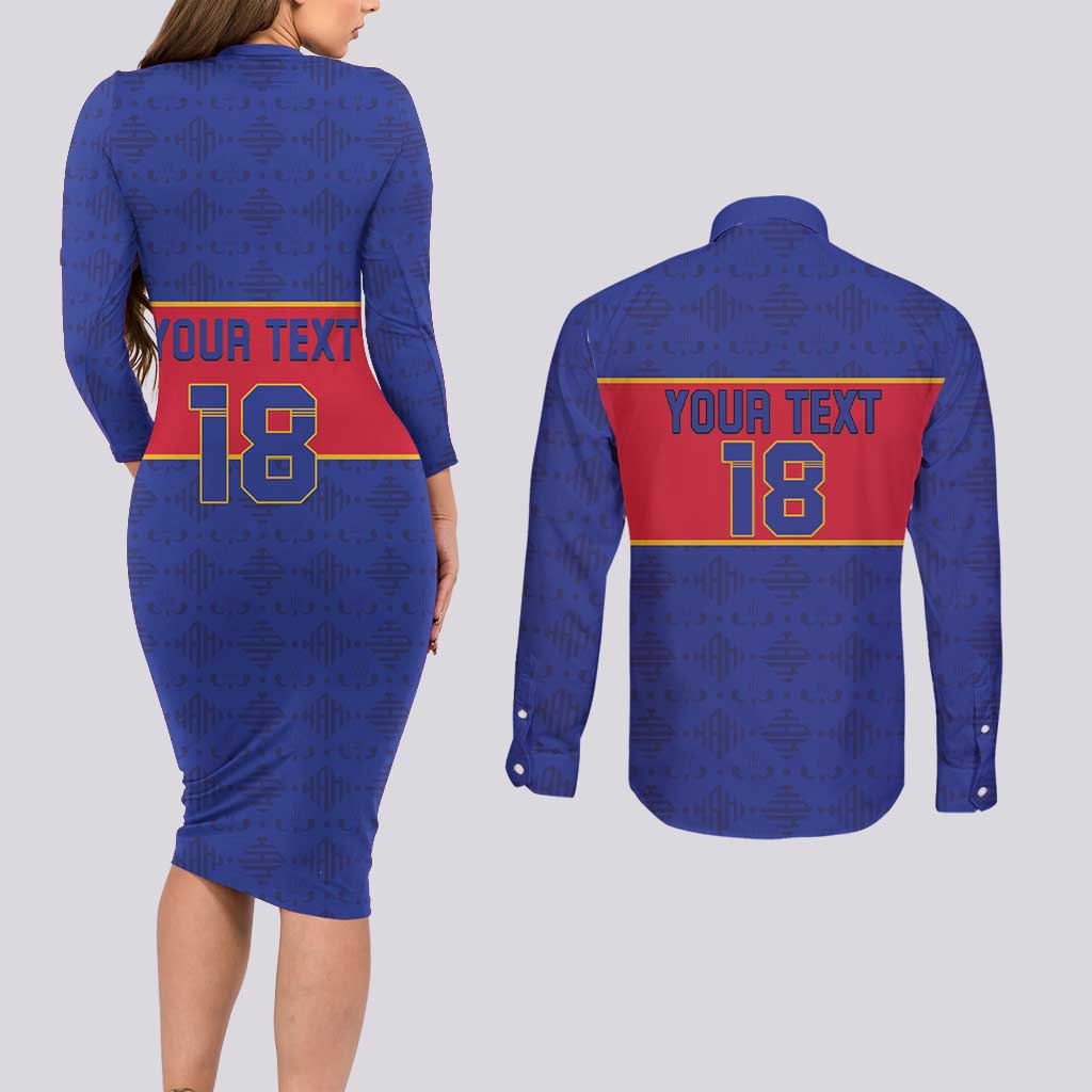 Custom Haiti Football Couples Matching Long Sleeve Bodycon Dress and Long Sleeve Button Shirt Le Rouge et Bleu Sporty Style