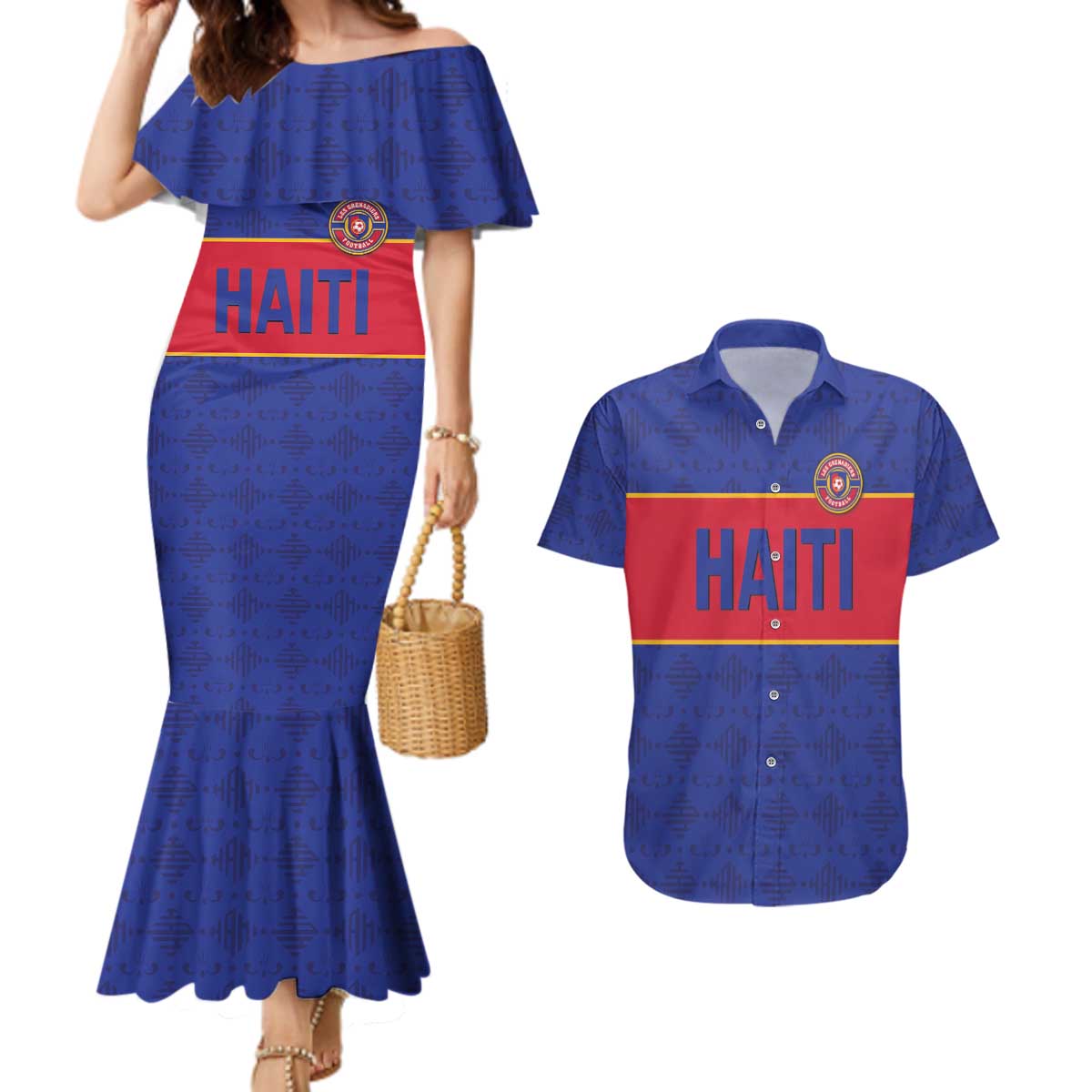 Custom Haiti Football Couples Matching Mermaid Dress and Hawaiian Shirt Le Rouge et Bleu Sporty Style