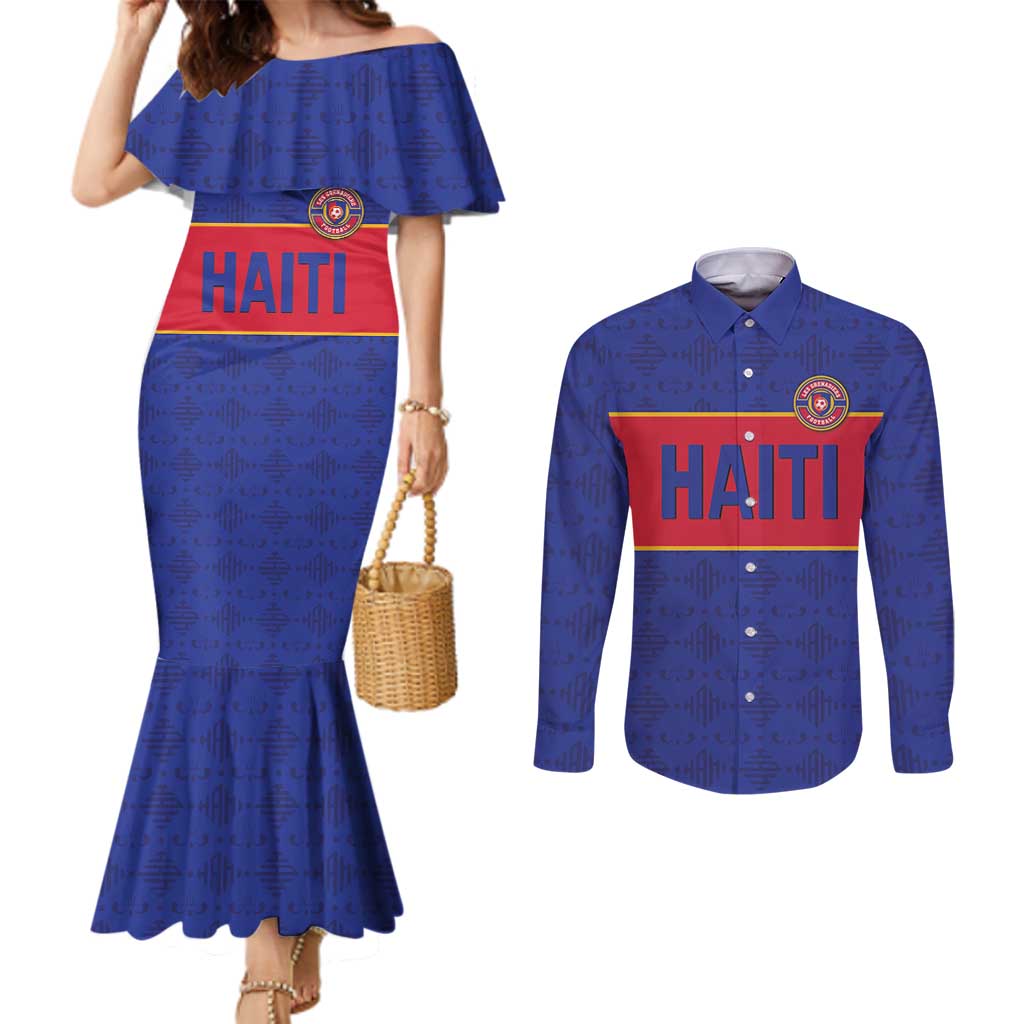 Custom Haiti Football Couples Matching Mermaid Dress and Long Sleeve Button Shirt Le Rouge et Bleu Sporty Style