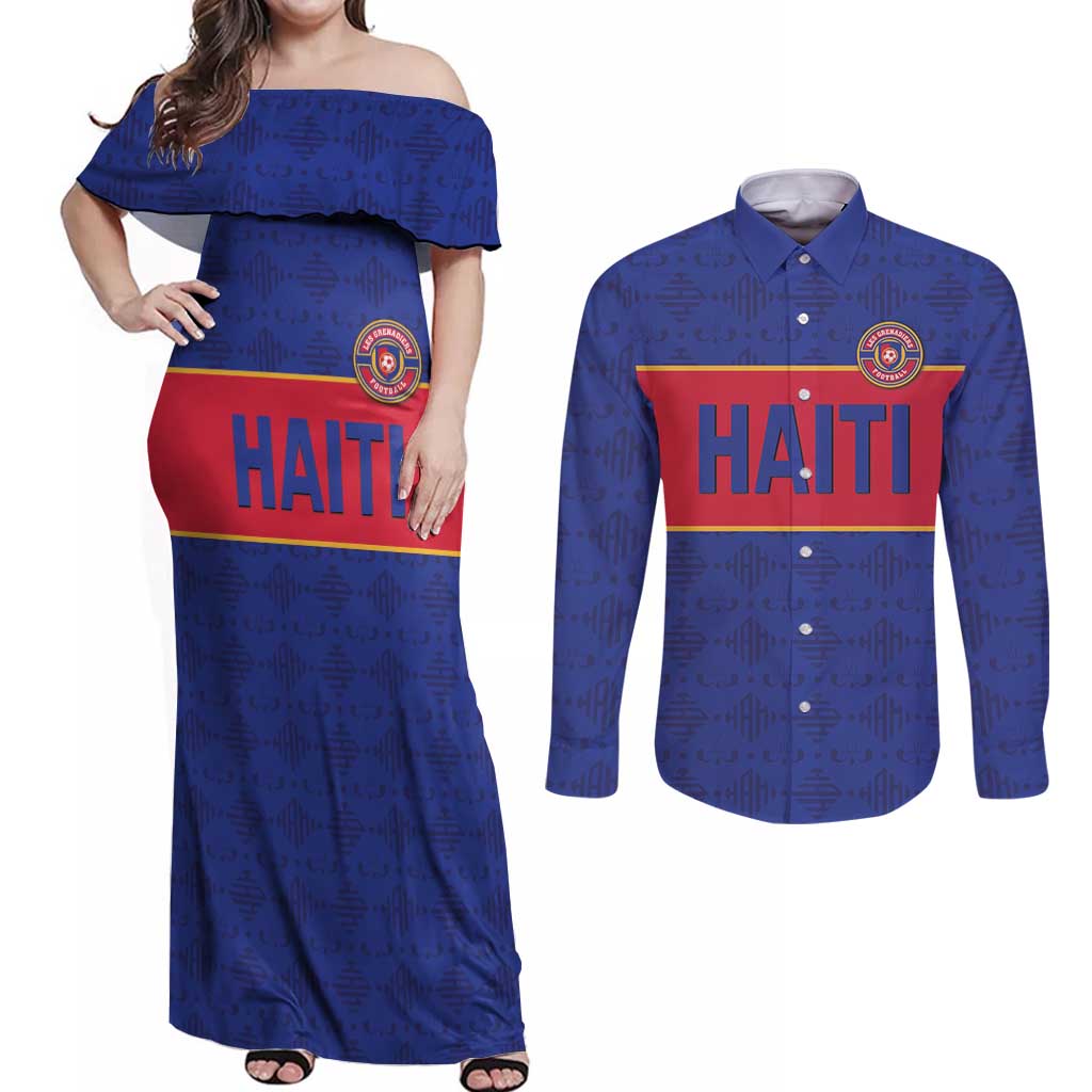 Custom Haiti Football Couples Matching Off Shoulder Maxi Dress and Long Sleeve Button Shirt Le Rouge et Bleu Sporty Style