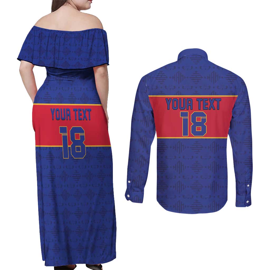 Custom Haiti Football Couples Matching Off Shoulder Maxi Dress and Long Sleeve Button Shirt Le Rouge et Bleu Sporty Style