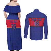 Custom Haiti Football Couples Matching Off Shoulder Maxi Dress and Long Sleeve Button Shirt Le Rouge et Bleu Sporty Style