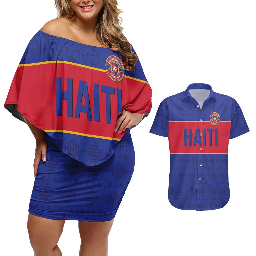 Custom Haiti Football Couples Matching Off Shoulder Short Dress and Hawaiian Shirt Le Rouge et Bleu Sporty Style