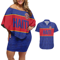 Custom Haiti Football Couples Matching Off Shoulder Short Dress and Hawaiian Shirt Le Rouge et Bleu Sporty Style