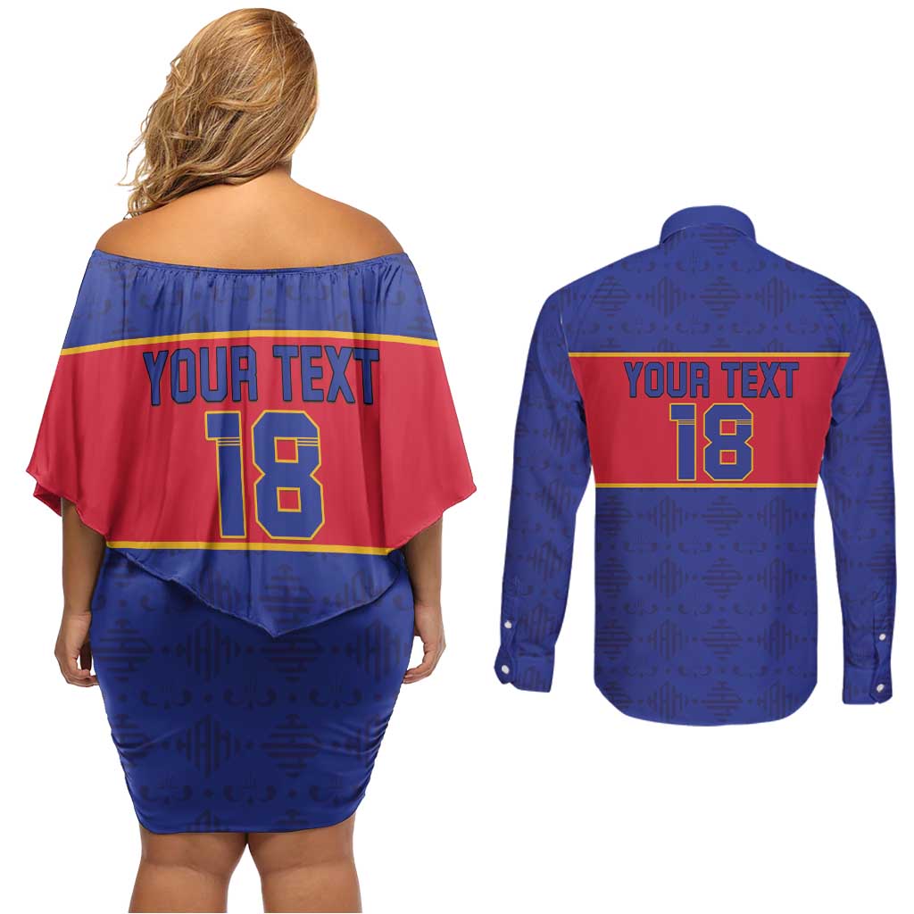 Custom Haiti Football Couples Matching Off Shoulder Short Dress and Long Sleeve Button Shirt Le Rouge et Bleu Sporty Style