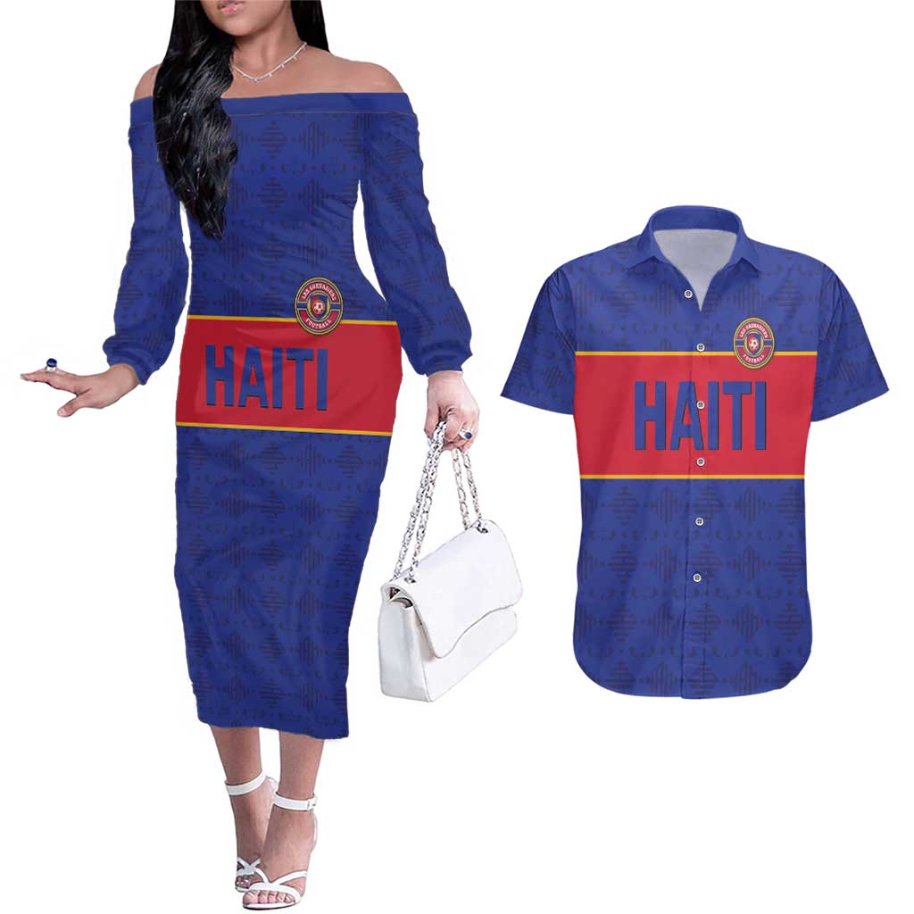 Custom Haiti Football Couples Matching Off The Shoulder Long Sleeve Dress and Hawaiian Shirt Le Rouge et Bleu Sporty Style
