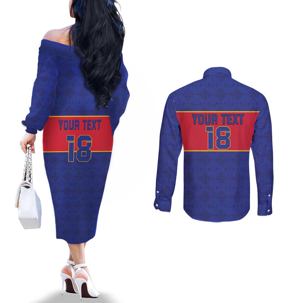 Custom Haiti Football Couples Matching Off The Shoulder Long Sleeve Dress and Long Sleeve Button Shirt Le Rouge et Bleu Sporty Style