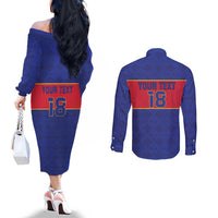 Custom Haiti Football Couples Matching Off The Shoulder Long Sleeve Dress and Long Sleeve Button Shirt Le Rouge et Bleu Sporty Style