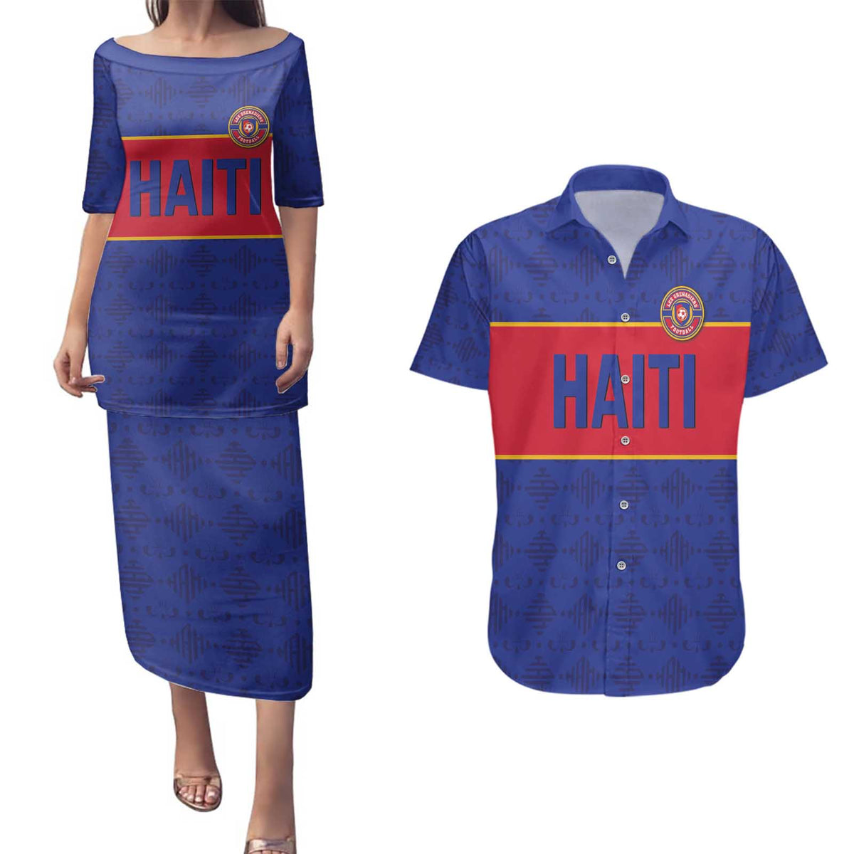 Custom Haiti Football Couples Matching Puletasi and Hawaiian Shirt Le Rouge et Bleu Sporty Style
