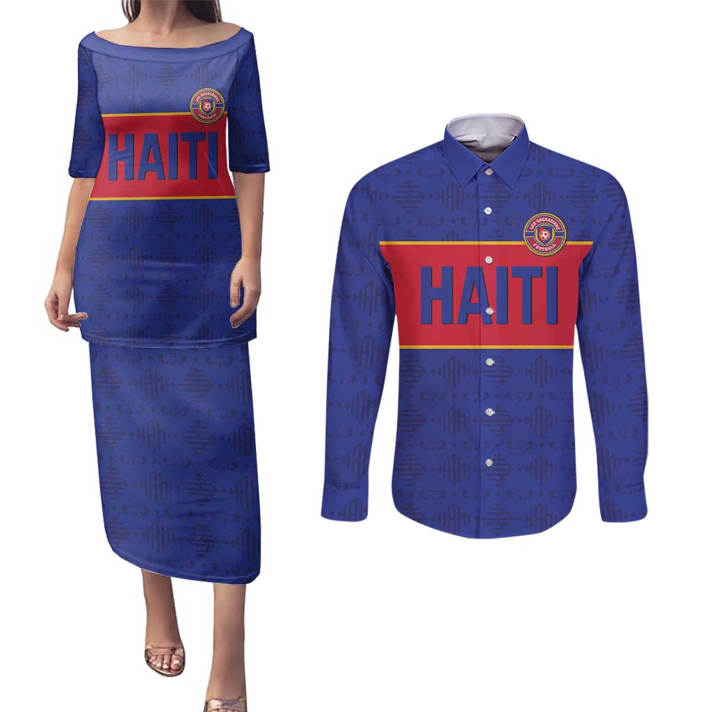 Custom Haiti Football Couples Matching Puletasi and Long Sleeve Button Shirt Le Rouge et Bleu Sporty Style