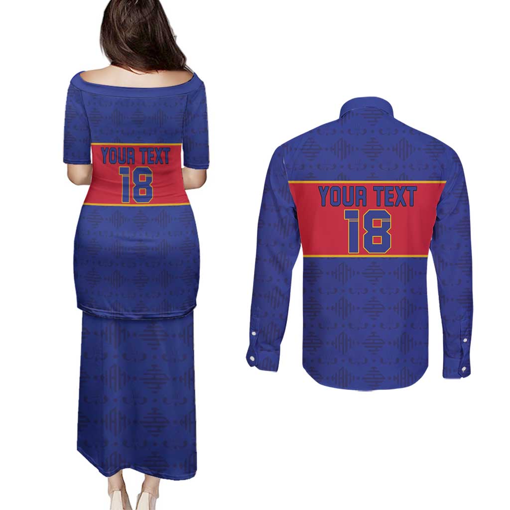 Custom Haiti Football Couples Matching Puletasi and Long Sleeve Button Shirt Le Rouge et Bleu Sporty Style