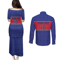 Custom Haiti Football Couples Matching Puletasi and Long Sleeve Button Shirt Le Rouge et Bleu Sporty Style