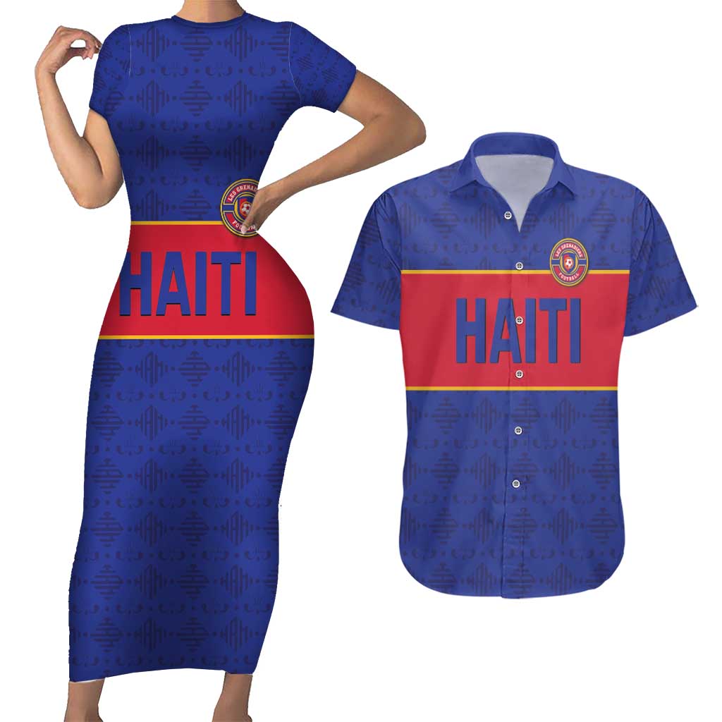 Custom Haiti Football Couples Matching Short Sleeve Bodycon Dress and Hawaiian Shirt Le Rouge et Bleu Sporty Style