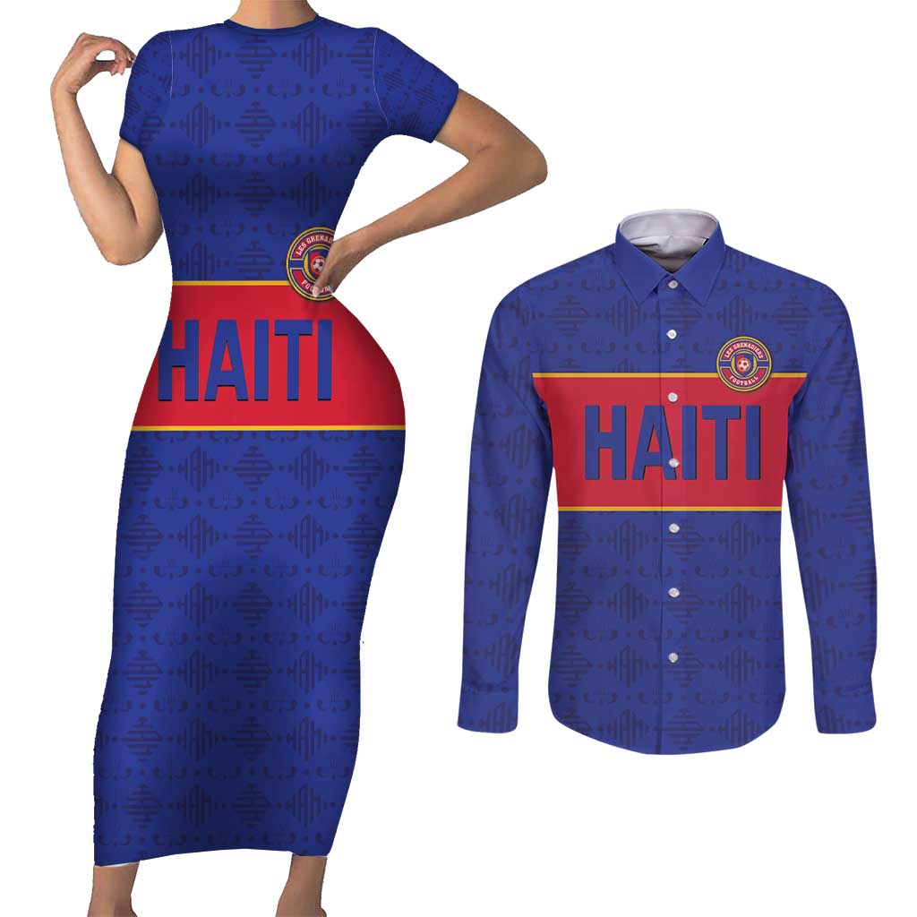 Custom Haiti Football Couples Matching Short Sleeve Bodycon Dress and Long Sleeve Button Shirt Le Rouge et Bleu Sporty Style
