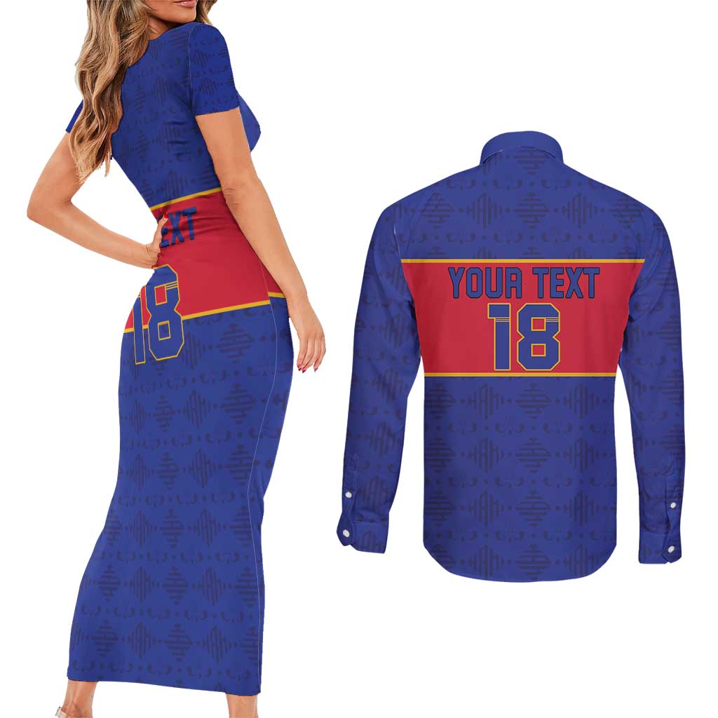 Custom Haiti Football Couples Matching Short Sleeve Bodycon Dress and Long Sleeve Button Shirt Le Rouge et Bleu Sporty Style