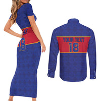 Custom Haiti Football Couples Matching Short Sleeve Bodycon Dress and Long Sleeve Button Shirt Le Rouge et Bleu Sporty Style