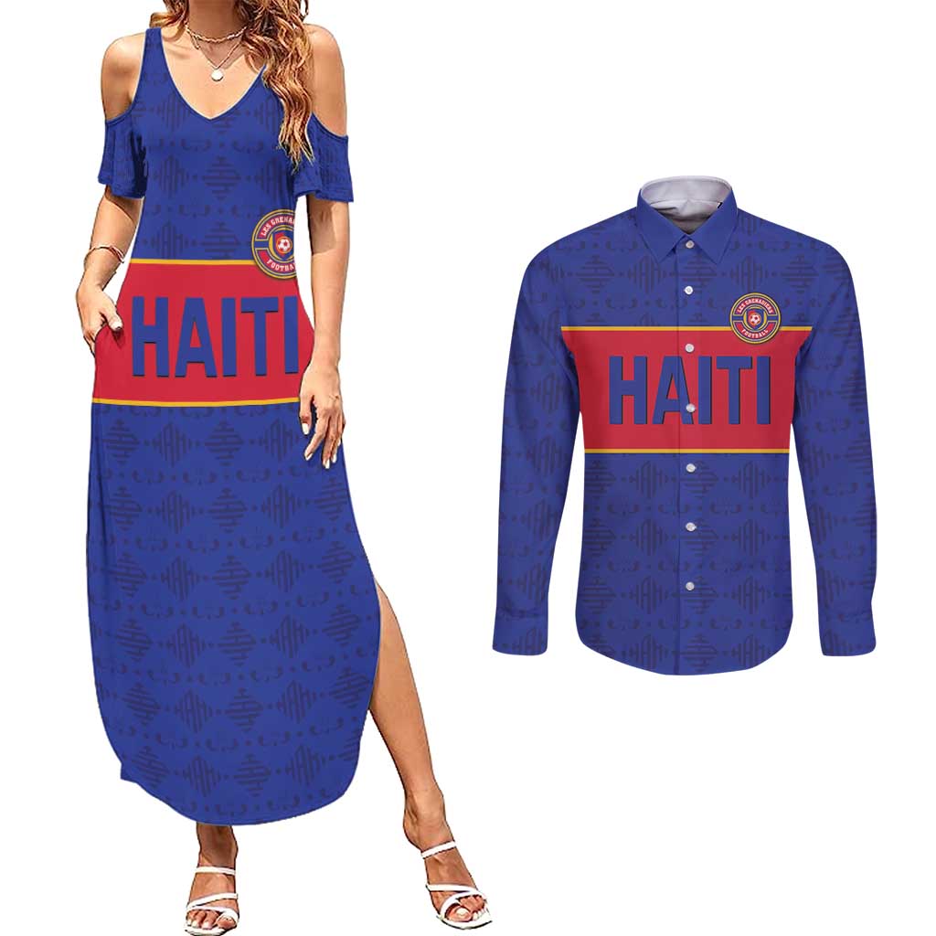 Custom Haiti Football Couples Matching Summer Maxi Dress and Long Sleeve Button Shirt Le Rouge et Bleu Sporty Style