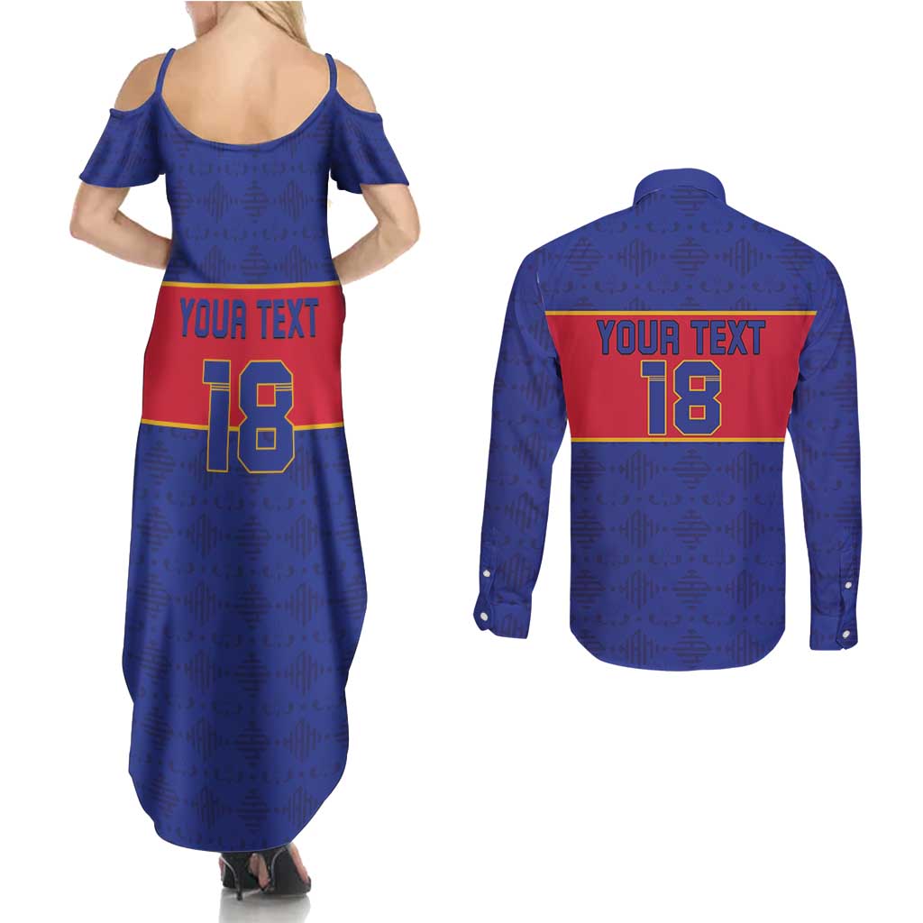Custom Haiti Football Couples Matching Summer Maxi Dress and Long Sleeve Button Shirt Le Rouge et Bleu Sporty Style
