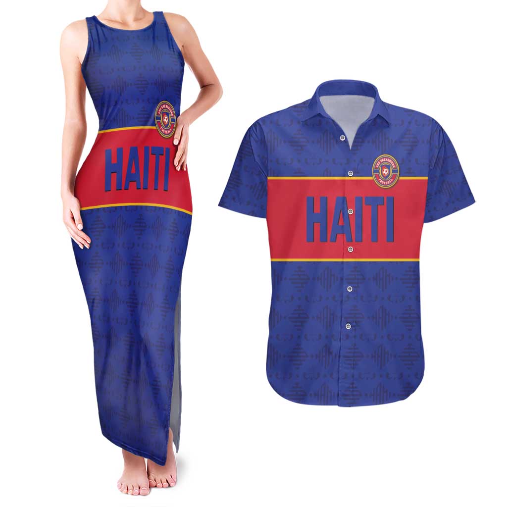 Custom Haiti Football Couples Matching Tank Maxi Dress and Hawaiian Shirt Le Rouge et Bleu Sporty Style