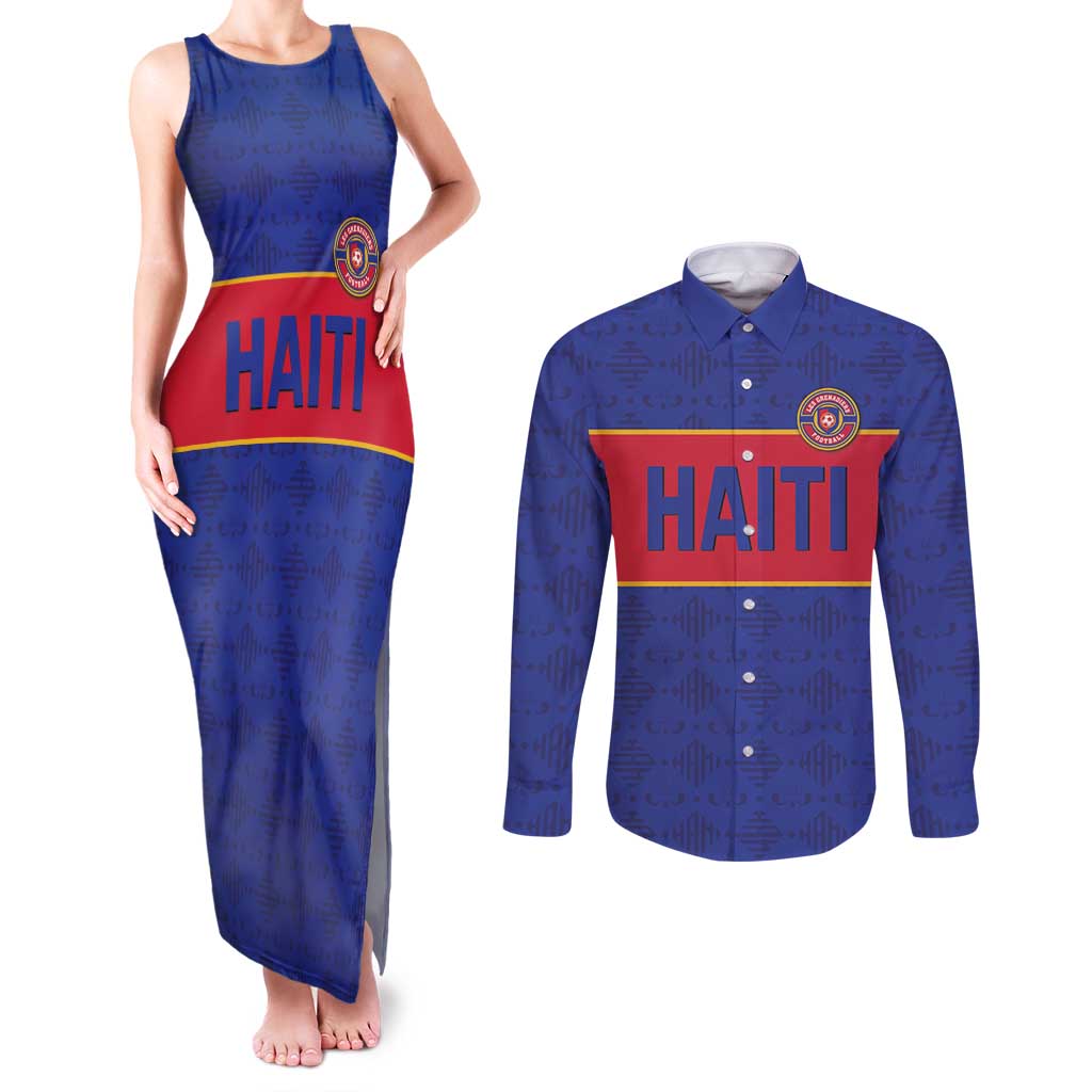 Custom Haiti Football Couples Matching Tank Maxi Dress and Long Sleeve Button Shirt Le Rouge et Bleu Sporty Style