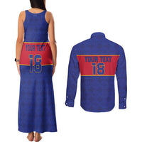 Custom Haiti Football Couples Matching Tank Maxi Dress and Long Sleeve Button Shirt Le Rouge et Bleu Sporty Style