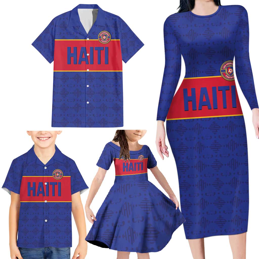 Custom Haiti Football Family Matching Long Sleeve Bodycon Dress and Hawaiian Shirt Le Rouge et Bleu Sporty Style