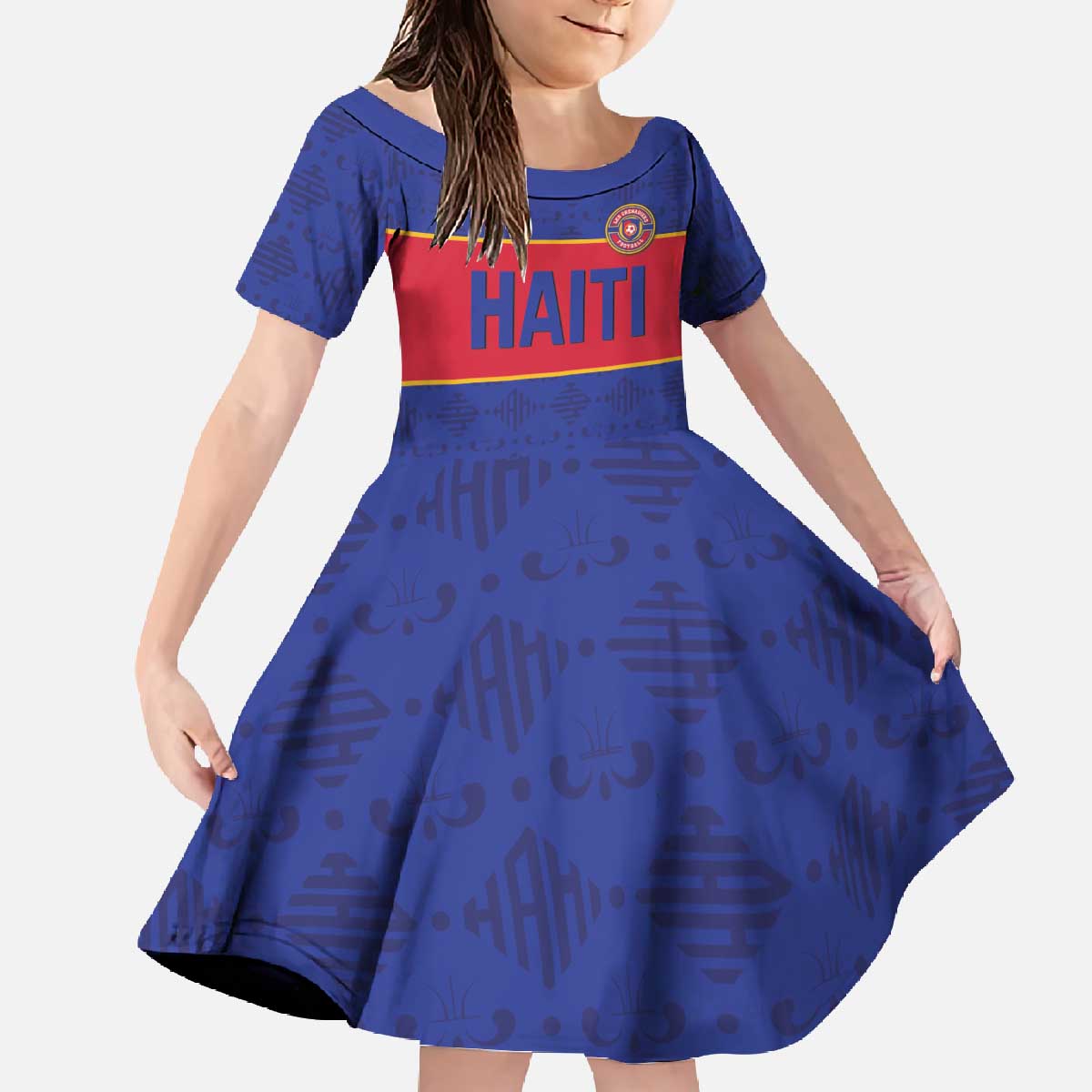 Custom Haiti Football Family Matching Off The Shoulder Long Sleeve Dress and Hawaiian Shirt Le Rouge et Bleu Sporty Style