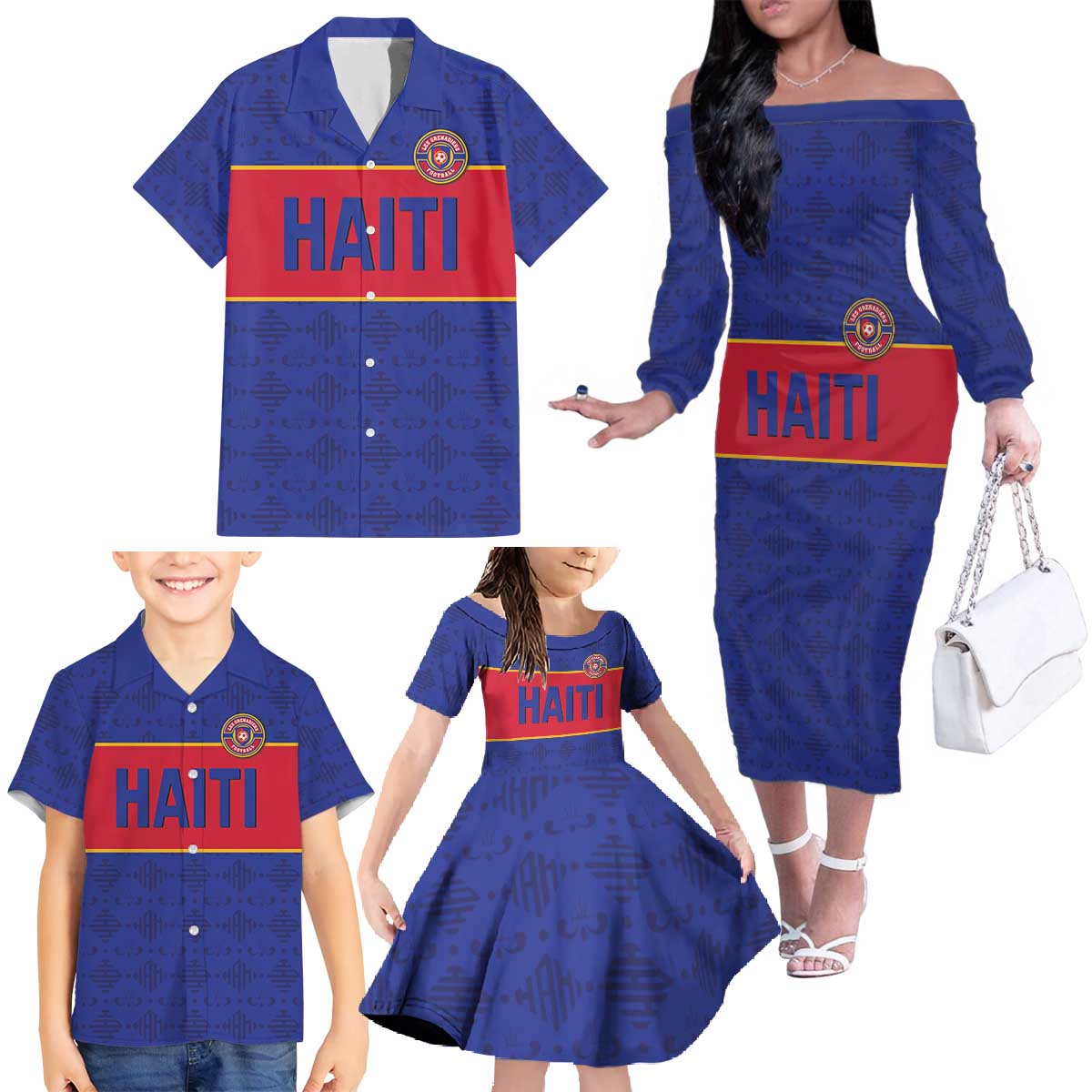 Custom Haiti Football Family Matching Off The Shoulder Long Sleeve Dress and Hawaiian Shirt Le Rouge et Bleu Sporty Style