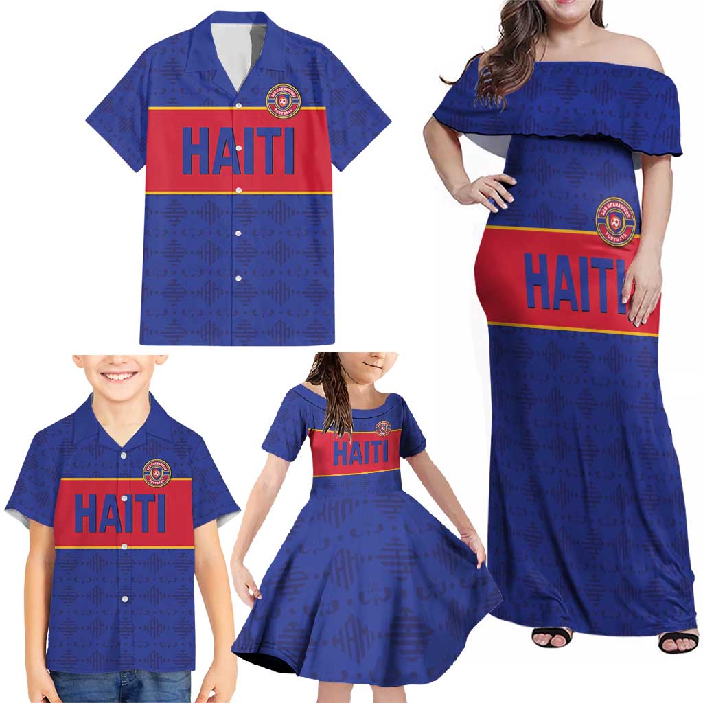 Custom Haiti Football Family Matching Off Shoulder Maxi Dress and Hawaiian Shirt Le Rouge et Bleu Sporty Style