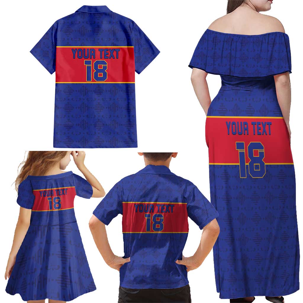 Custom Haiti Football Family Matching Off Shoulder Maxi Dress and Hawaiian Shirt Le Rouge et Bleu Sporty Style