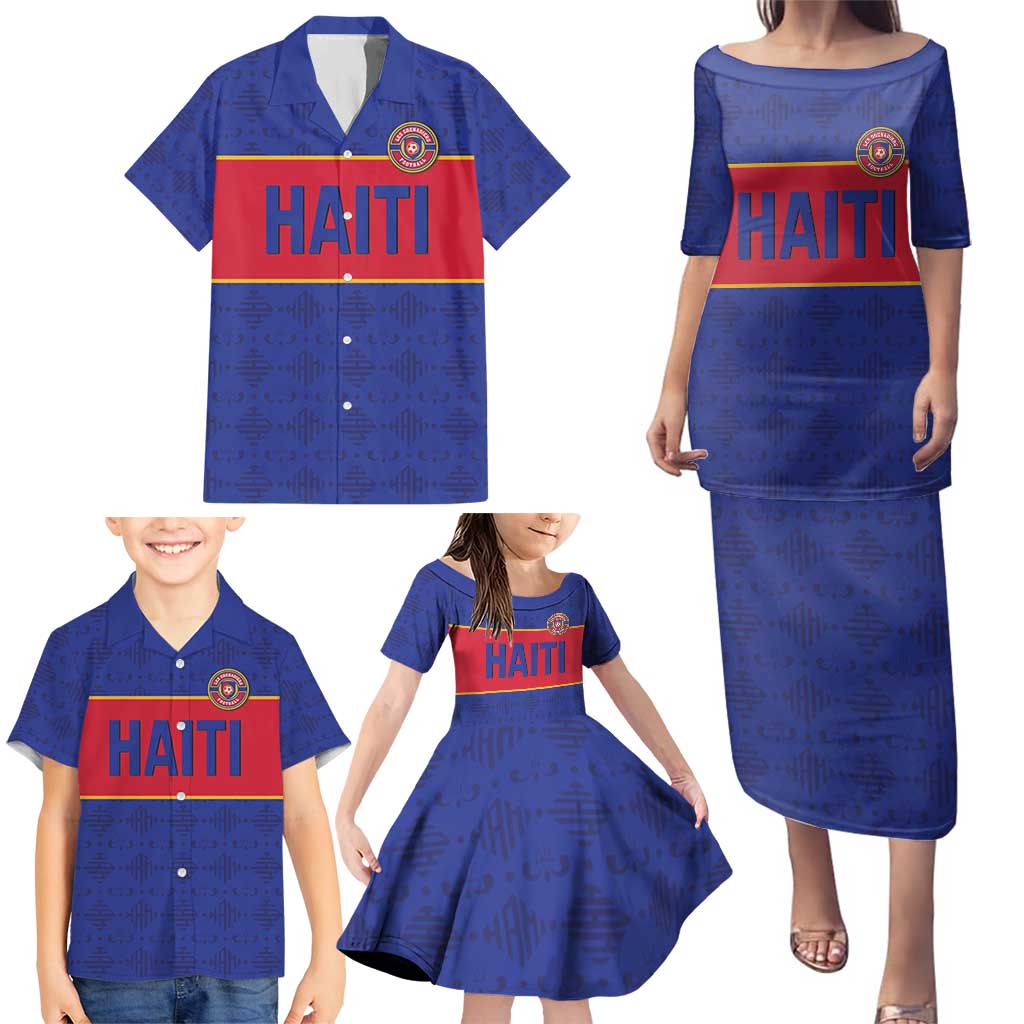 Custom Haiti Football Family Matching Puletasi and Hawaiian Shirt Le Rouge et Bleu Sporty Style