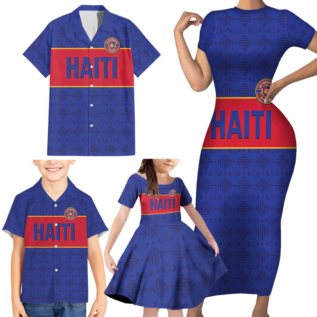 Custom Haiti Football Family Matching Short Sleeve Bodycon Dress and Hawaiian Shirt Le Rouge et Bleu Sporty Style
