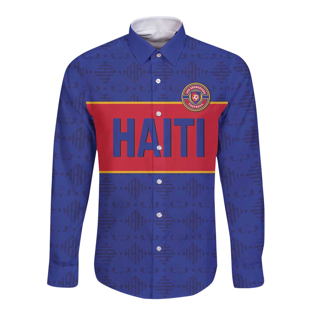 Custom Haiti Football Long Sleeve Button Shirt Le Rouge et Bleu Sporty Style