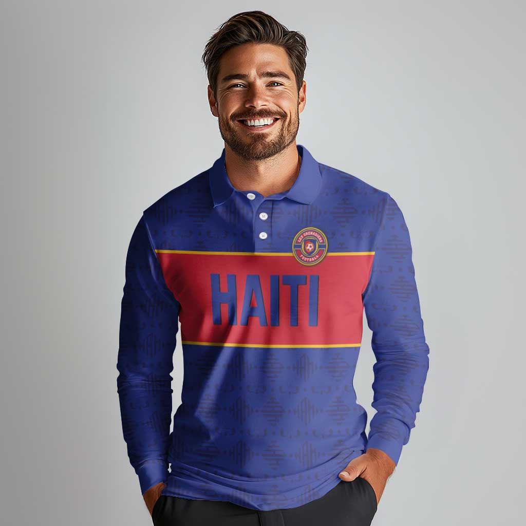 Custom Haiti Football Long Sleeve Polo Shirt Le Rouge et Bleu Sporty Style