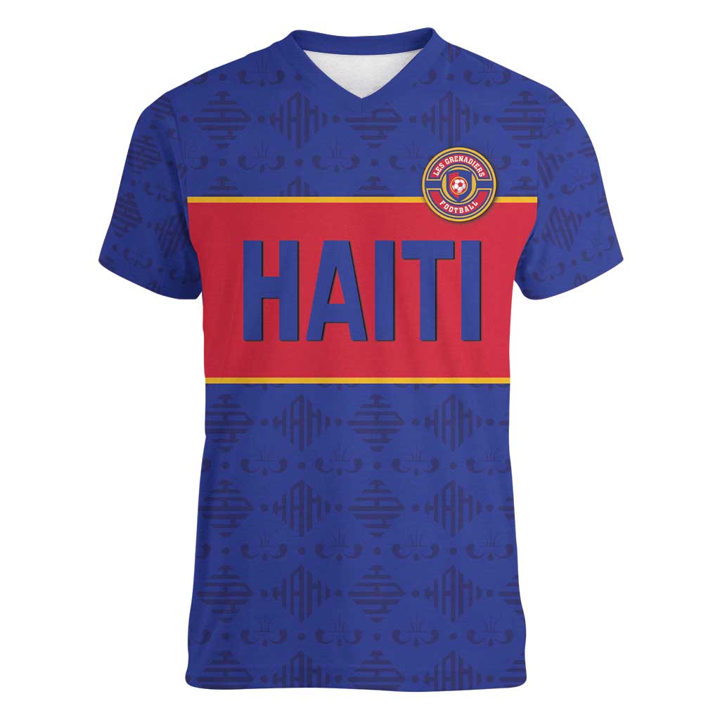 Custom Haiti Football Women V-Neck T-Shirt Le Rouge et Bleu Sporty Style