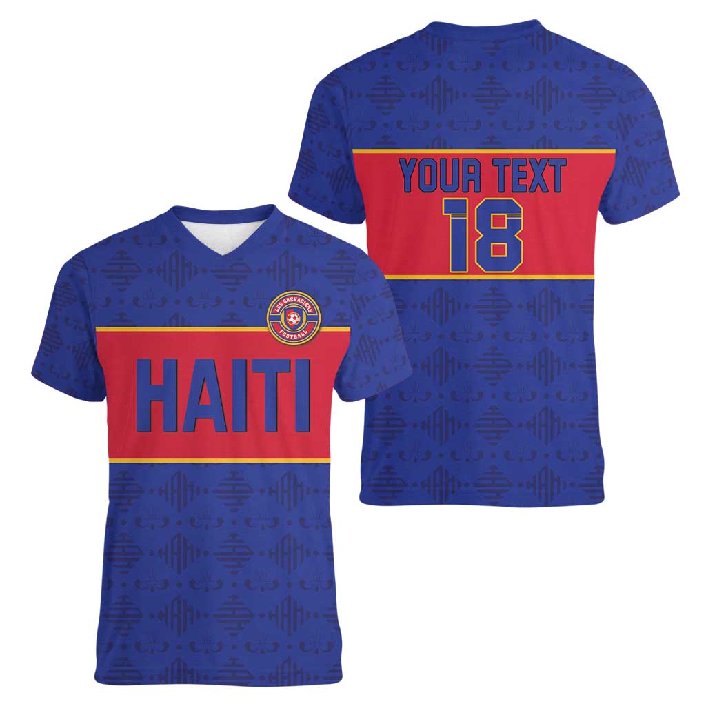Custom Haiti Football Women V-Neck T-Shirt Le Rouge et Bleu Sporty Style