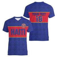Custom Haiti Football Women V-Neck T-Shirt Le Rouge et Bleu Sporty Style