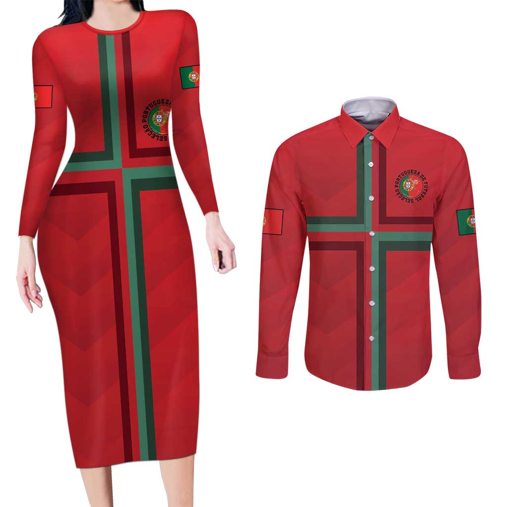 Custom Portugal Football Couples Matching Long Sleeve Bodycon Dress and Long Sleeve Button Shirt A Selecao das Quinas