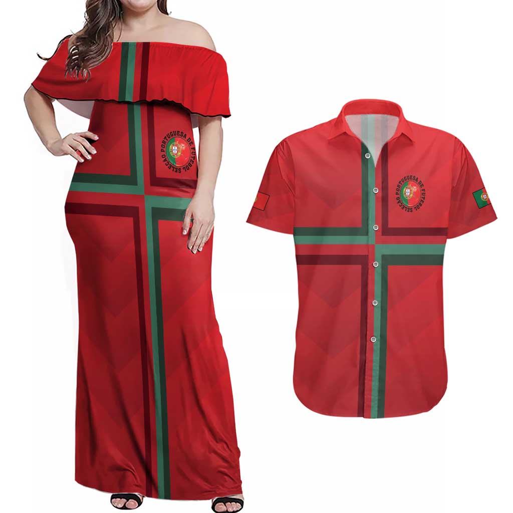 Custom Portugal Football Couples Matching Off Shoulder Maxi Dress and Hawaiian Shirt A Selecao das Quinas