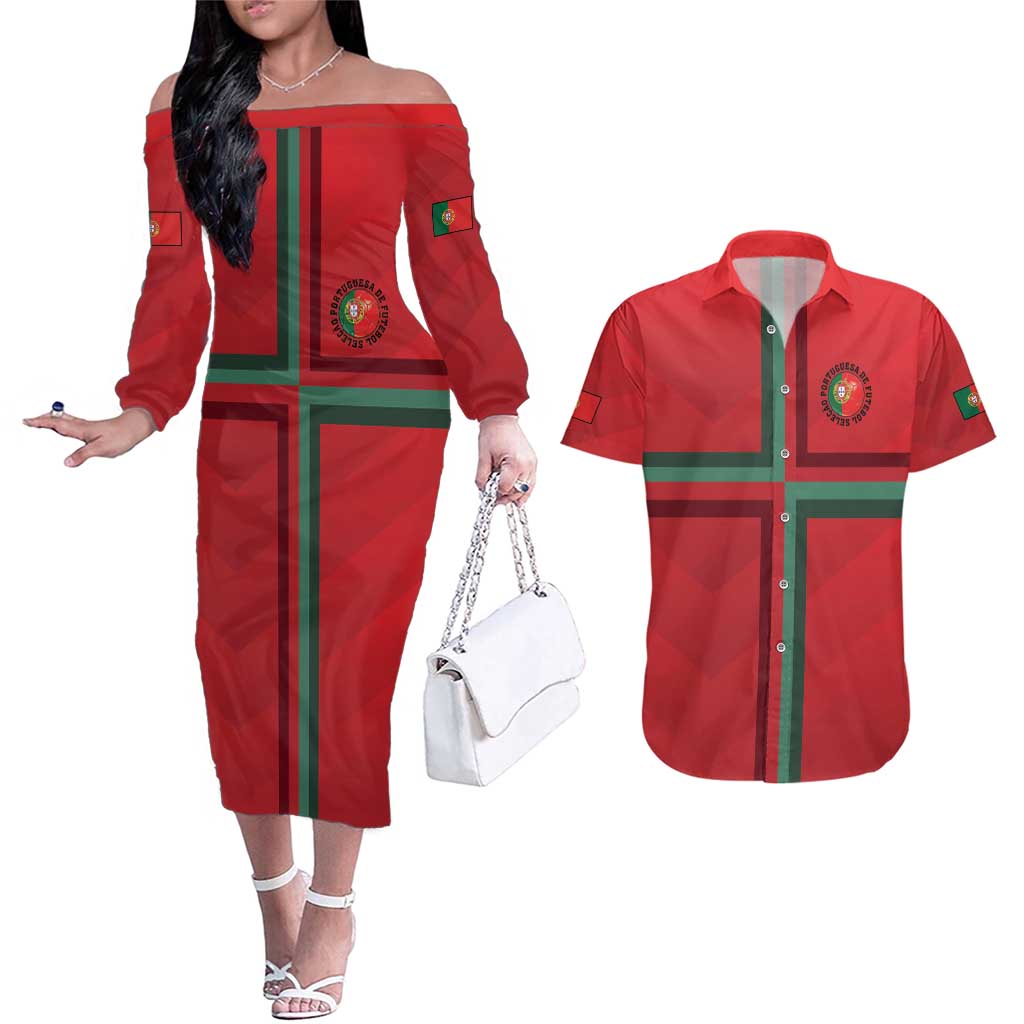 Custom Portugal Football Couples Matching Off The Shoulder Long Sleeve Dress and Hawaiian Shirt A Selecao das Quinas