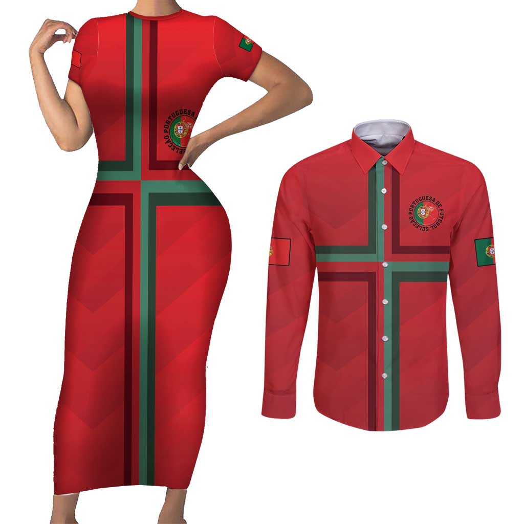 Custom Portugal Football Couples Matching Short Sleeve Bodycon Dress and Long Sleeve Button Shirt A Selecao das Quinas