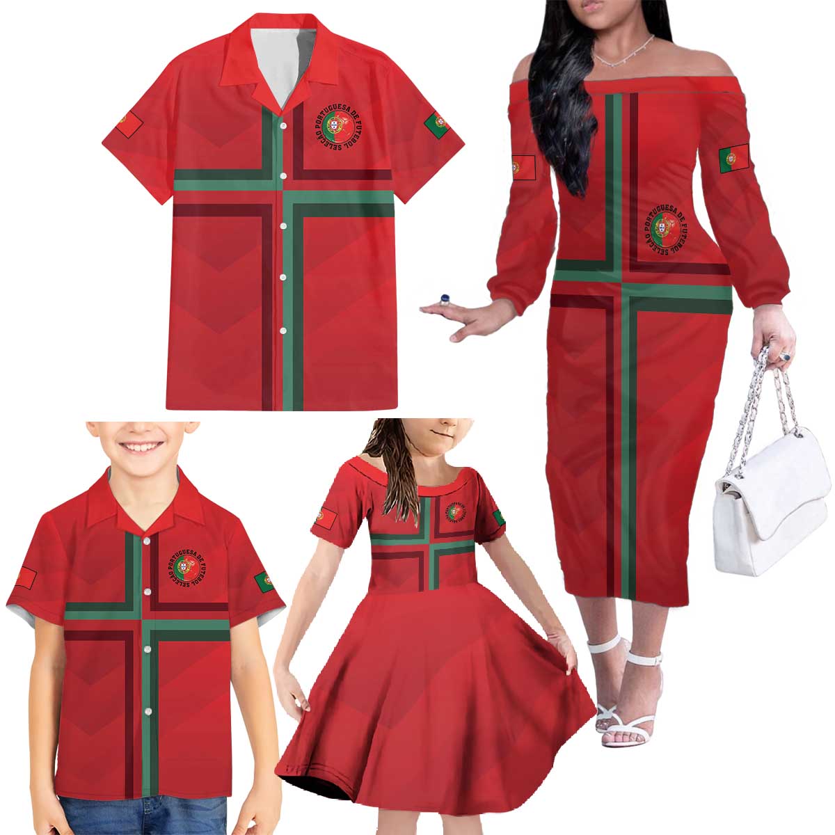 Custom Portugal Football Family Matching Off The Shoulder Long Sleeve Dress and Hawaiian Shirt A Selecao das Quinas