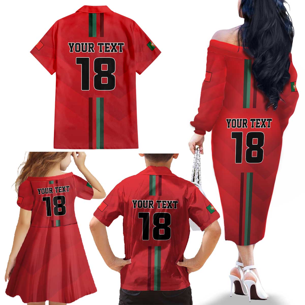 Custom Portugal Football Family Matching Off The Shoulder Long Sleeve Dress and Hawaiian Shirt A Selecao das Quinas