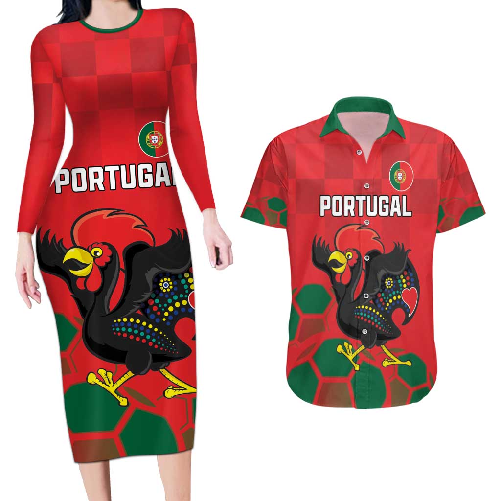 Custom Portugal Football Couples Matching Long Sleeve Bodycon Dress and Hawaiian Shirt Barcelos Rooster Mascot Dynamic Style