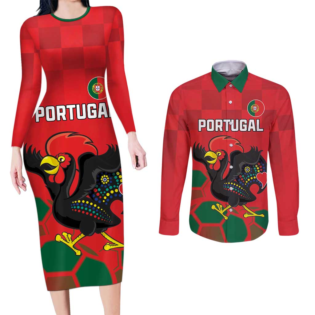 Custom Portugal Football Couples Matching Long Sleeve Bodycon Dress and Long Sleeve Button Shirt Barcelos Rooster Mascot Dynamic Style