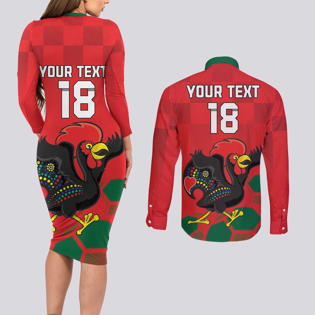 Custom Portugal Football Couples Matching Long Sleeve Bodycon Dress and Long Sleeve Button Shirt Barcelos Rooster Mascot Dynamic Style