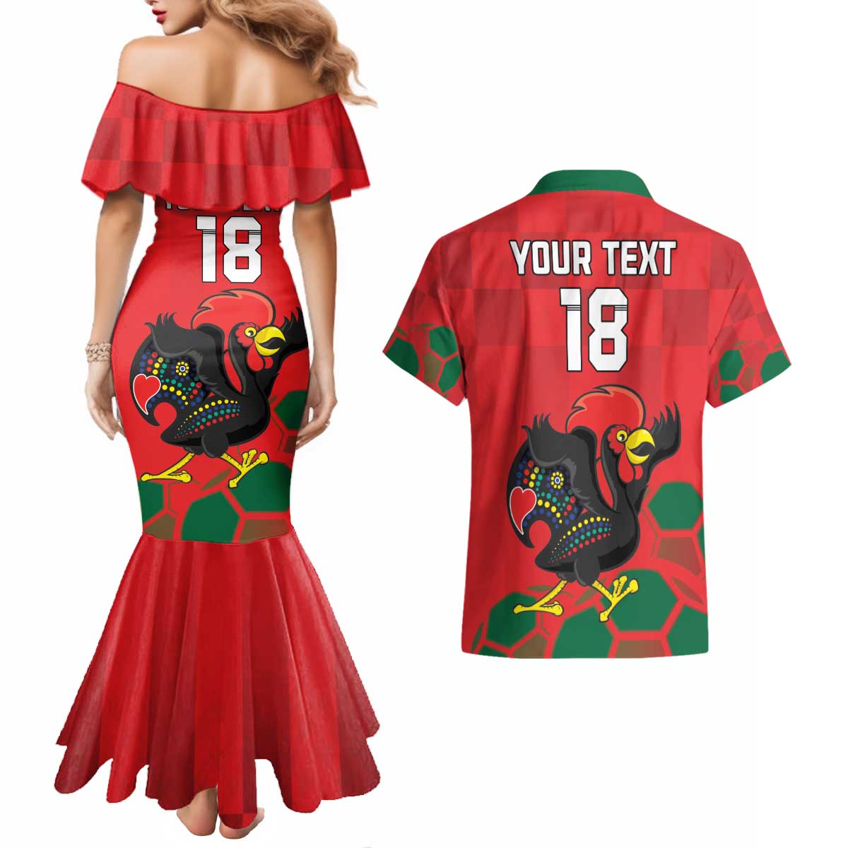 Custom Portugal Football Couples Matching Mermaid Dress and Hawaiian Shirt Barcelos Rooster Mascot Dynamic Style